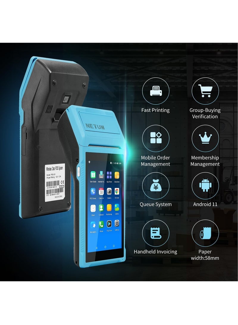 NETUM Handheld PDA Android POS Terminal Receipt Printer Barcode Printer, Data Collector, Portable Barcode Scanner Pos Machine, Handheld Bluetooth USB WiFi BT4.0, BLUE (Included Paper Scroll 58 * 35) - Image 2