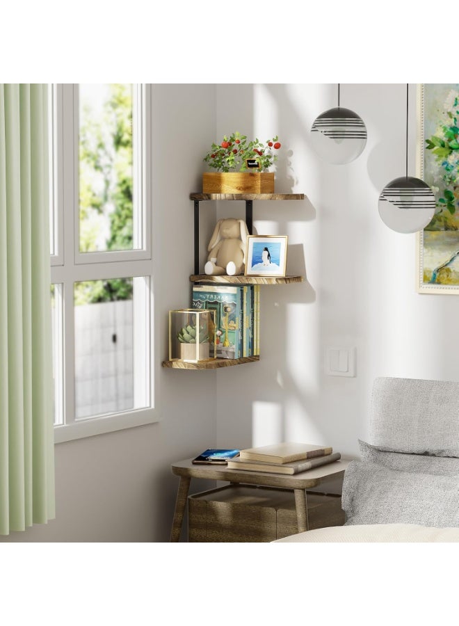 XiuWoo 3 Tier Adjustable Corner Shelf, Wooden Floating Shelves, Wall Moun Metal Home Display Shelves, Home Storgae Rack, Plant Rack for Home, Office - Image 3