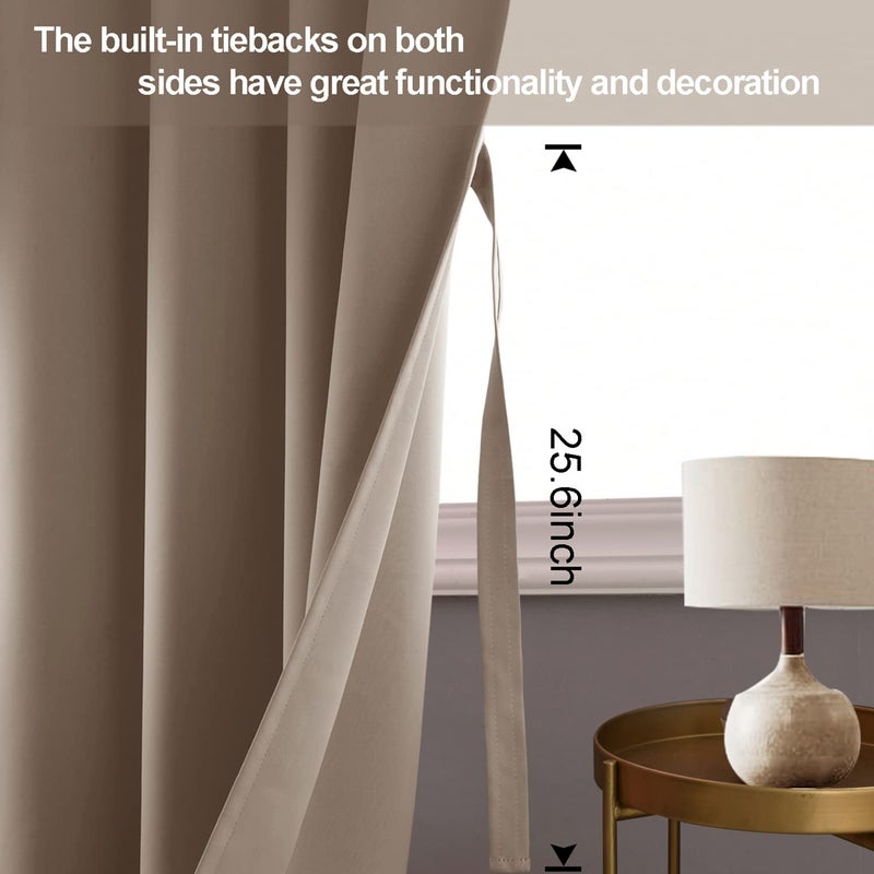 JIUZHEN Taupe Blackout Curtains with Tiebacks - Thermal Insulated  Light Blocking and Noise Reducing Grommet Curtains for Bedroom and Living Room  Set of 2 Window Curtain Panels  70 x 84 Inch Length - Image 3