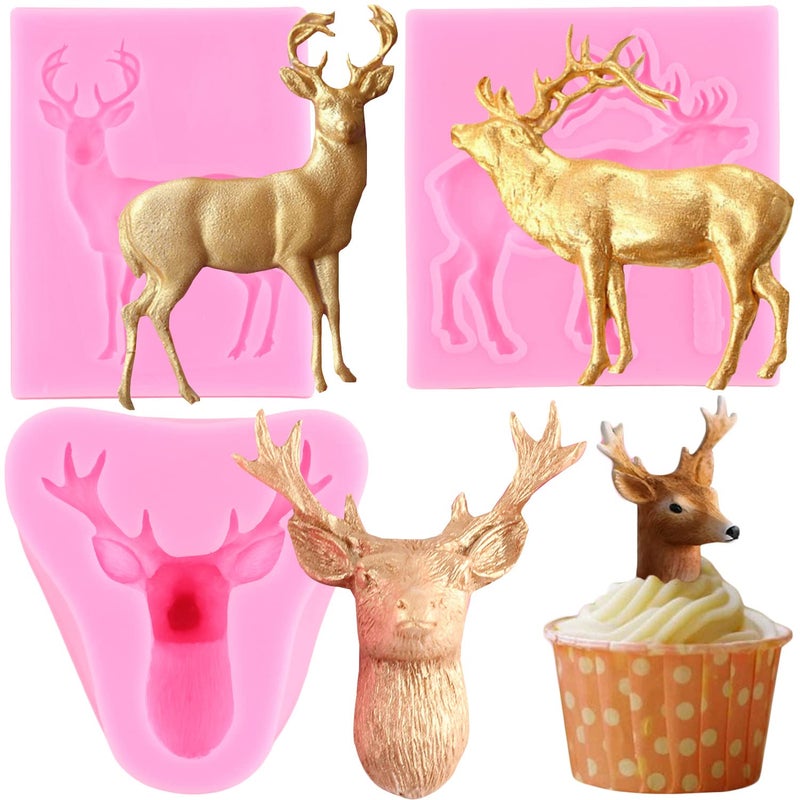 RFGHAC Christmas Deer Silicone Mold 3D Stag Head Fondant Molds Elk Mold For Christmas Cake Decoration Cupcake Topper Candy Chocolate Polymer Clay Gum Paste Set Of 3