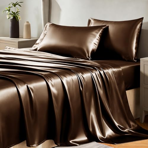 CozyLux Satin Sheets Queen Size Bed Set 4 Piece Silky Queen Sheet Set Luxury Brown Queen Sheets with Smooth and Soft Microfiber Includes 1 Fitted Sheet 1 Flat Sheet and 2 Pillowcases