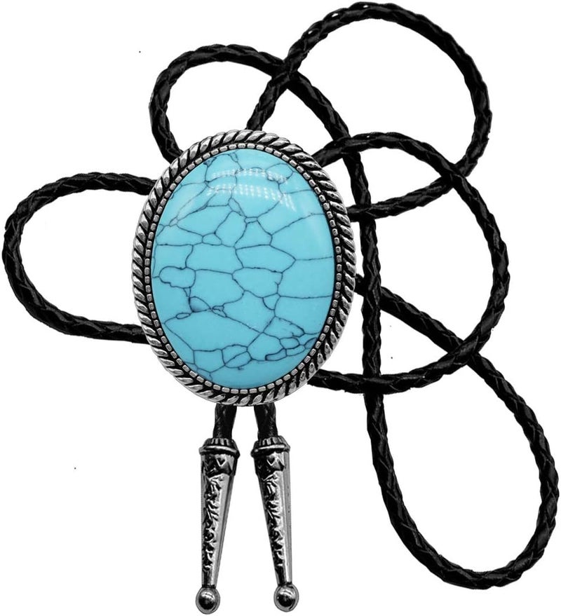Moranse Bolo Tie With Emerald Blue and Black or More Colors Stone Celtic Style Genuine and Cowhide Rope - Image 1