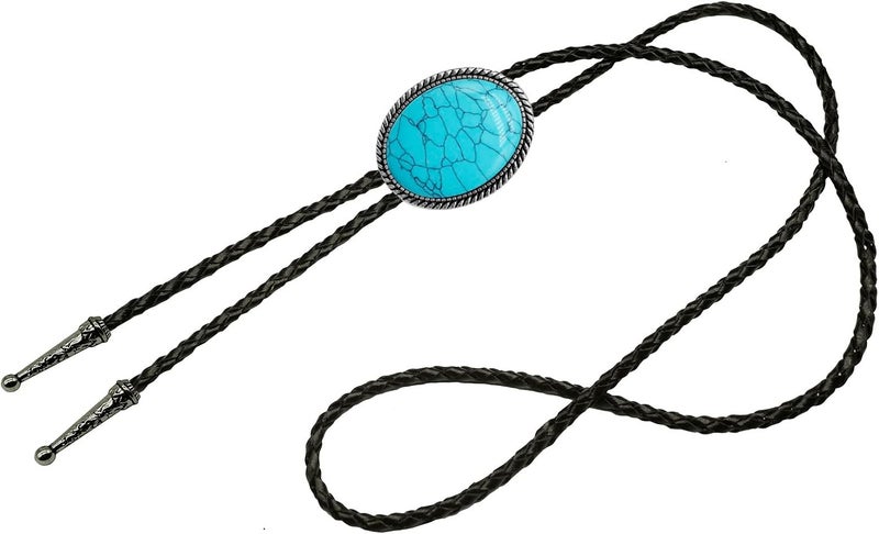 Moranse Bolo Tie With Emerald Blue and Black or More Colors Stone Celtic Style Genuine and Cowhide Rope - Image 2