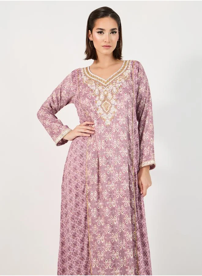 Styli All-Over Print Embroidered A-Line Jalabiya