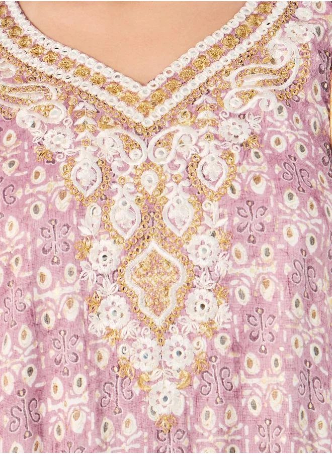 Styli All-Over Print Embroidered A-Line Jalabiya