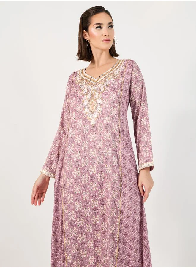 Styli All-Over Print Embroidered A-Line Jalabiya