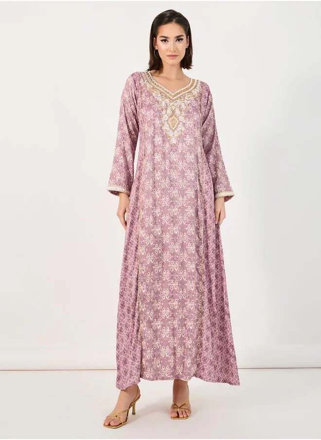 Styli All-Over Print Embroidered A-Line Jalabiya