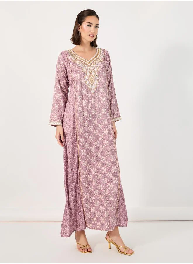Styli All-Over Print Embroidered A-Line Jalabiya