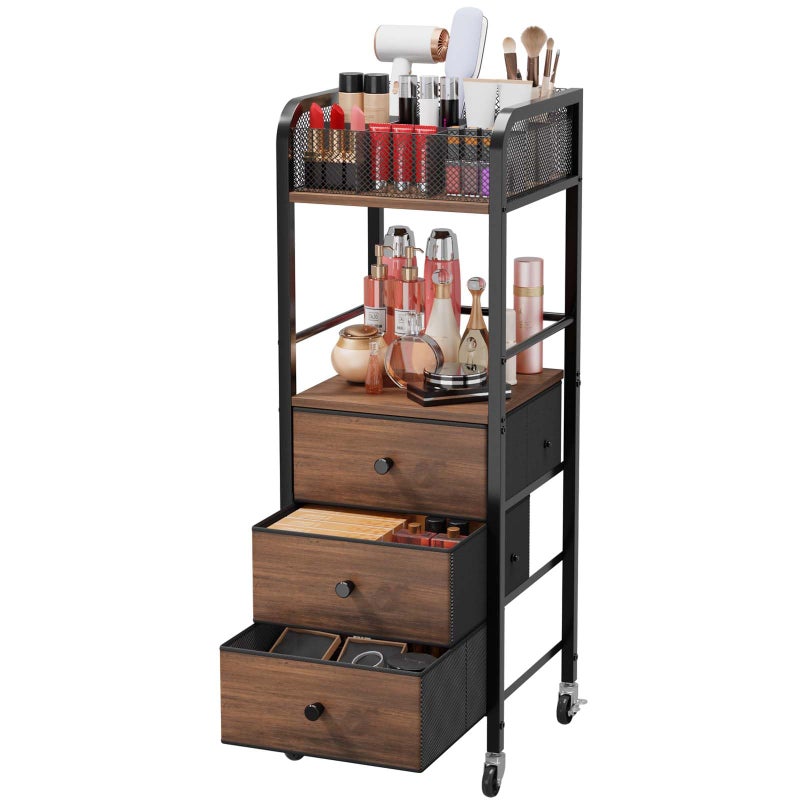 HapiRm Rolling Makeup Cart Organizer - Floor Skincare Make Up Storage with 3 Non-woven Fabric Drawers, Vanity Organizer Cosmetic Display Cases Holder for Skin Care Perfume Nail Polish Brush Hair Tool - Image 1
