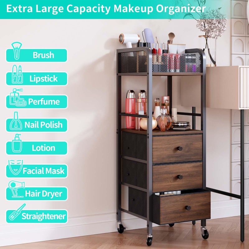 HapiRm Rolling Makeup Cart Organizer - Floor Skincare Make Up Storage with 3 Non-woven Fabric Drawers, Vanity Organizer Cosmetic Display Cases Holder for Skin Care Perfume Nail Polish Brush Hair Tool - Image 4