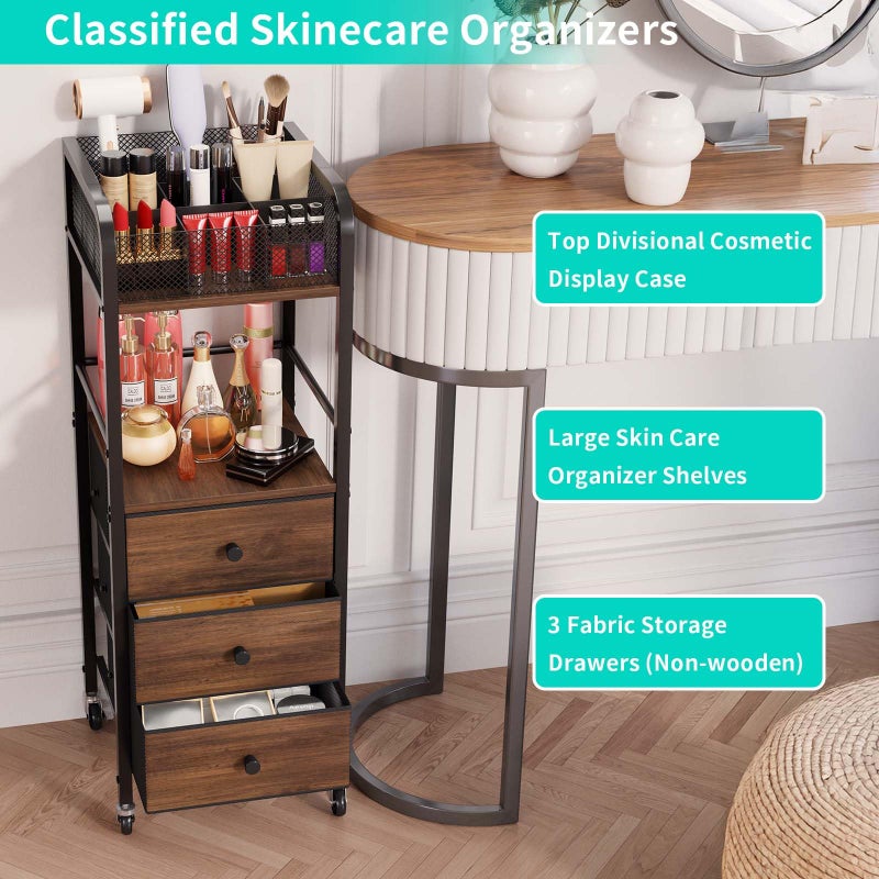 HapiRm Rolling Makeup Cart Organizer - Floor Skincare Make Up Storage with 3 Non-woven Fabric Drawers, Vanity Organizer Cosmetic Display Cases Holder for Skin Care Perfume Nail Polish Brush Hair Tool - Image 3
