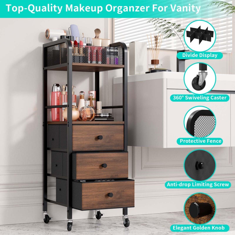 HapiRm Rolling Makeup Cart Organizer - Floor Skincare Make Up Storage with 3 Non-woven Fabric Drawers, Vanity Organizer Cosmetic Display Cases Holder for Skin Care Perfume Nail Polish Brush Hair Tool - Image 5