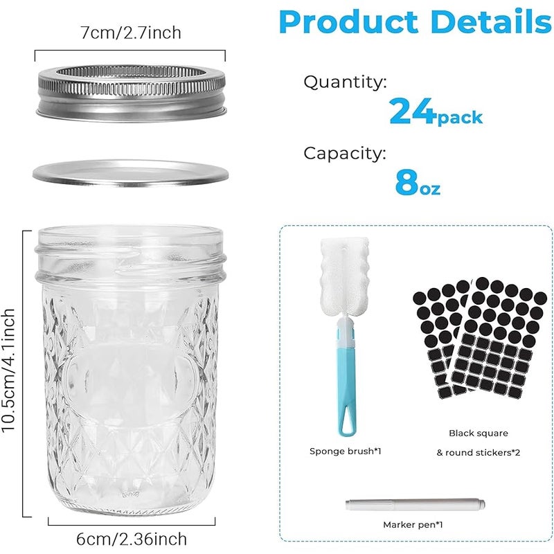 سهومي Cehomi Glass Mason Jars 8 oz with Lids - 24 Pack Regular Mouth Canning Jars, Glass Jars for food Storage, Canning, Pickling, Dry Goods, Snacks, Candies,and DIY Projects - Image 2