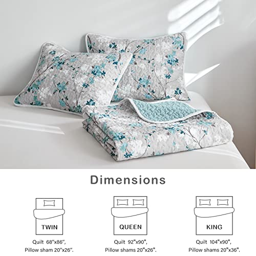 Flysheep Botanical Quilt Set Full Queen Size, 3 Pieces Grey and Aqua Elegant Floral Printed Summer Bedding Set, Soft Microfiber Lightweight Bedspread/Coverlet for All Season - 92"x90" - Image 4
