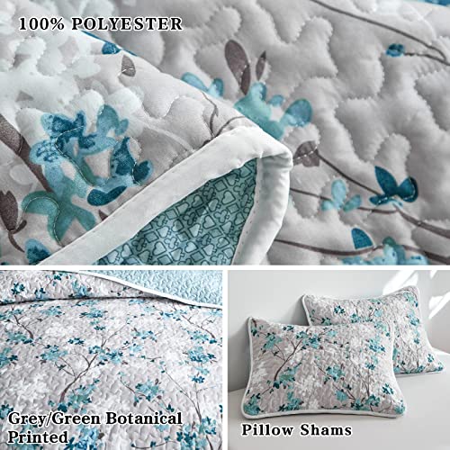 Flysheep Botanical Quilt Set Full Queen Size, 3 Pieces Grey and Aqua Elegant Floral Printed Summer Bedding Set, Soft Microfiber Lightweight Bedspread/Coverlet for All Season - 92"x90" - Image 3