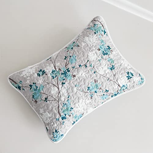 Flysheep Botanical Quilt Set Full Queen Size, 3 Pieces Grey and Aqua Elegant Floral Printed Summer Bedding Set, Soft Microfiber Lightweight Bedspread/Coverlet for All Season - 92"x90" - Image 5