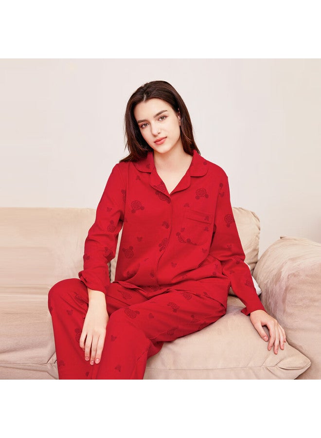 Meibiao Women's Spring And Autumn Knit Cotton Long Sleeve Pajama Set Pure Cotton Homewear Festive Wedding Bright Red XL - Image 1
