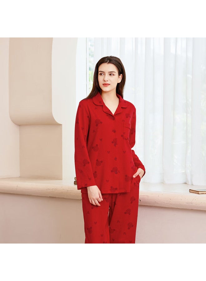 Meibiao Women's Spring And Autumn Knit Cotton Long Sleeve Pajama Set Pure Cotton Homewear Festive Wedding Bright Red XL - Image 2