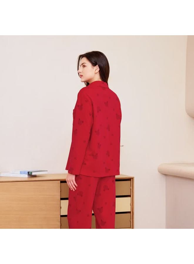 Meibiao Women's Spring And Autumn Knit Cotton Long Sleeve Pajama Set Pure Cotton Homewear Festive Wedding Bright Red XL - Image 3