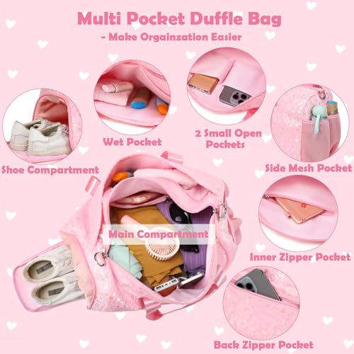 Kimwadalh Girls Duffle Bags, Pink Soft Plush Large-capacity Dance Ballet Bag Gym Sport Overnight Travel Sleepover Bags with Shoe Compartment for Women Girl - Image 4