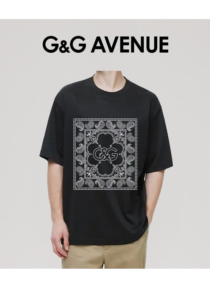 G&G AVENUE - Heavy cotton fabric Men's Sports Style Pure Cotton Thick Oversized Round Neck T-shirt Black New Trend Pattern Casual Style (One Piece) - Image 1