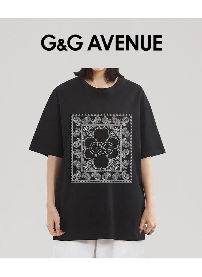 G&G AVENUE - Heavy cotton fabric Men's Sports Style Pure Cotton Thick Oversized Round Neck T-shirt Black New Trend Pattern Casual Style (One Piece) - Image 1