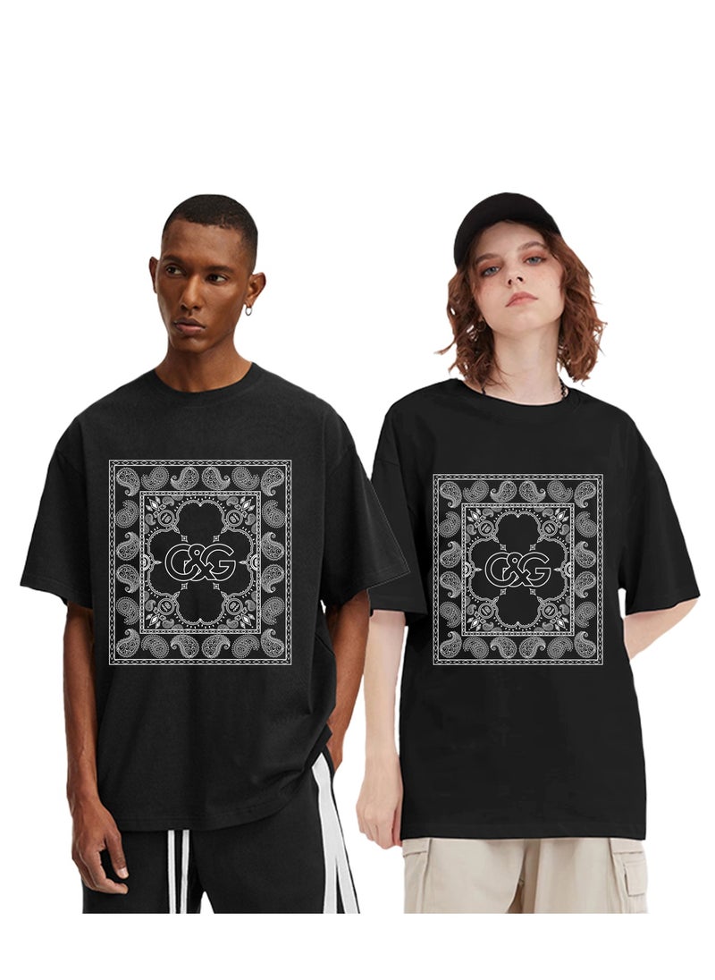 G&G AVENUE - Heavy cotton fabric Men's Sports Style Pure Cotton Thick Oversized Round Neck T-shirt Black New Trend Pattern Casual Style (One Piece) - Image 1