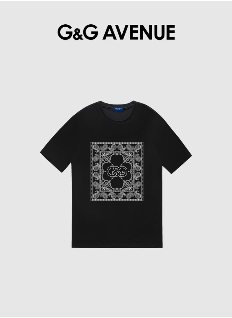 G&G AVENUE - Heavy cotton fabric Men's Sports Style Pure Cotton Thick Oversized Round Neck T-shirt Black New Trend Pattern Casual Style (One Piece) - Image 1