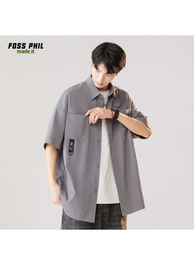 Foss Phil Workwear Short-sleeve Shirt For Men, Summer Loose Versatile Casual Half-sleeve Shirt Top Jacket Fpcs8 Gray 3XL - Image 3