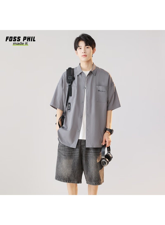 Foss Phil Workwear Short-sleeve Shirt For Men, Summer Loose Versatile Casual Half-sleeve Shirt Top Jacket Fpcs8 Gray 3XL - Image 4