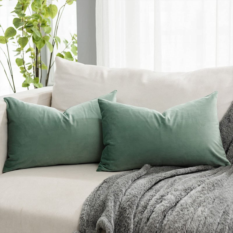 QUAFOO Sage Decorative Lumbar Velvet Throw Pillow Covers 16x24 inch Set of 2 with Zipper Luxury Soft Solid Rectangle Cushion Covers Case for Sofa Couch Bed Living Room