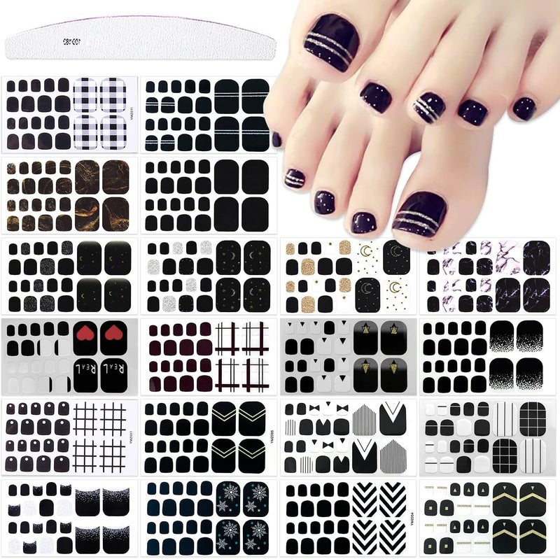JERCLITY 440 Pieces 20 Sheets Black Color Toe Nail Polish Strips Toenail Full Wraps Self-Adhesive Full Nail Stickers Nail Art Decals Strips with Nail File for Women Girls Kids Nail Art