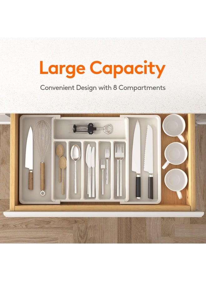 تدفق المياه منظّم درج أدوات المائدة، قابل للتوسيع مع أقسام قابلة للتعديل – صينية مطبخ كبيرة السعة لتنظيم الملاعق والشوك والسكاكين، أبيض - Image 3