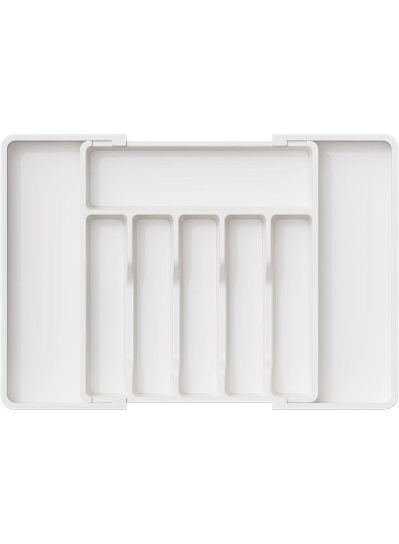 تدفق المياه منظّم درج أدوات المائدة، قابل للتوسيع مع أقسام قابلة للتعديل – صينية مطبخ كبيرة السعة لتنظيم الملاعق والشوك والسكاكين، أبيض - Image 1