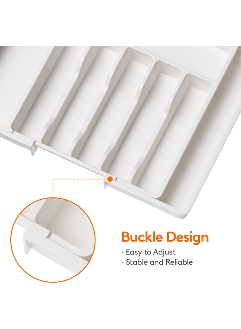 تدفق المياه منظّم درج أدوات المائدة، قابل للتوسيع مع أقسام قابلة للتعديل – صينية مطبخ كبيرة السعة لتنظيم الملاعق والشوك والسكاكين، أبيض - Image 5