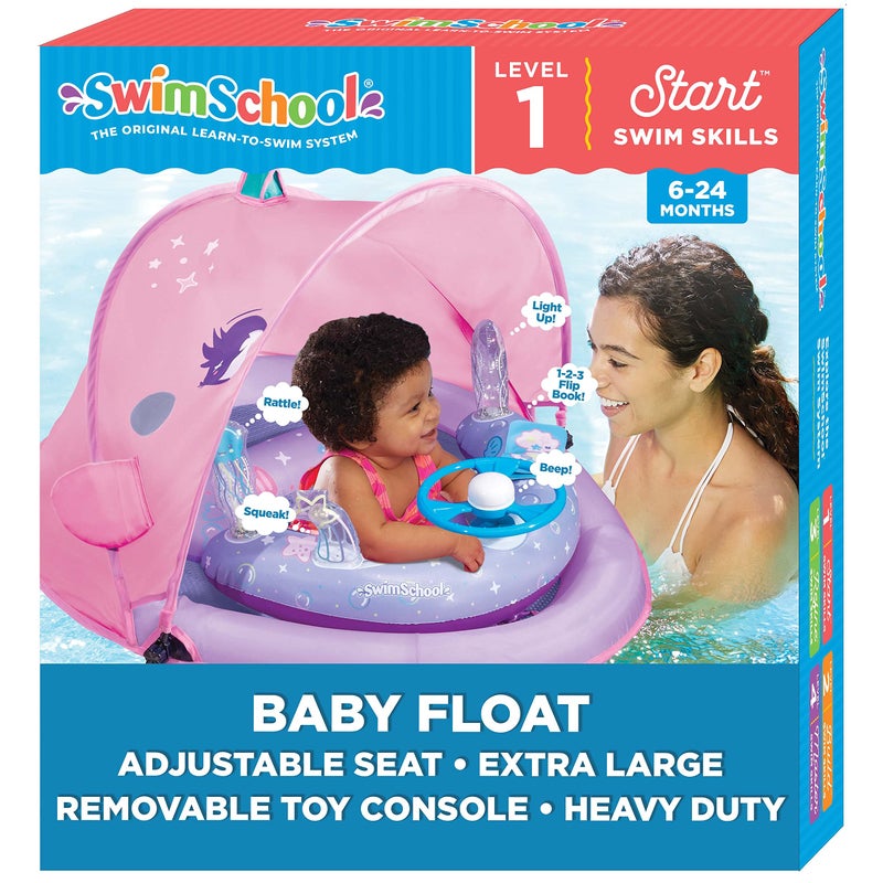 SwimSchool Baby Pool Float with Adjustable Canopy - 6-24 Months - Includes 5-Toy Interactive Play Console Safety Seat - Pink - Image 1