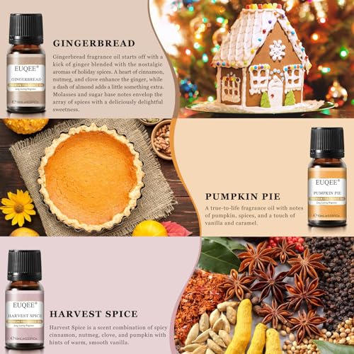 EUQEE Holiday Cheer Premium Fragrance Oils Set of 6 - Forest Pine, Christmas Wreath, Brown Sugar, Harvest Spice, Gingerbread, Pumpkin Pie - Scented Oils for Diffuser, Candle Making (10ml) - Image 4