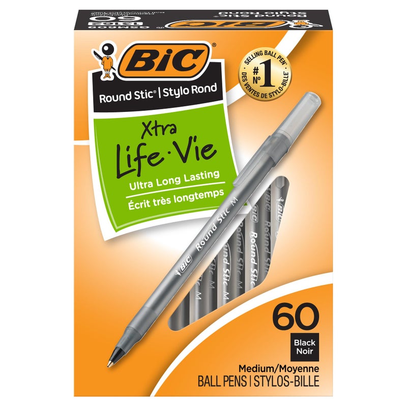 BIC Round Stic Xtra Life Ballpoint Pen, Ultra Long Lasting and Consistent Ink Flow, 60-Count in Black Ink - Image 1