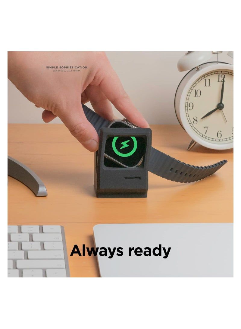 KASTWAVE حامل متوافق مع Apple Watch Ultra Series 8/7/6/5/4/3/2/1/SE 49 مم/45 مم/44 مم/42 مم تصميم شاشة كلاسيكي متوافق مع وضع Nightstand Computer Retro قاعدة شحن لاسلكية من السيليكون (أسود) - Image 3