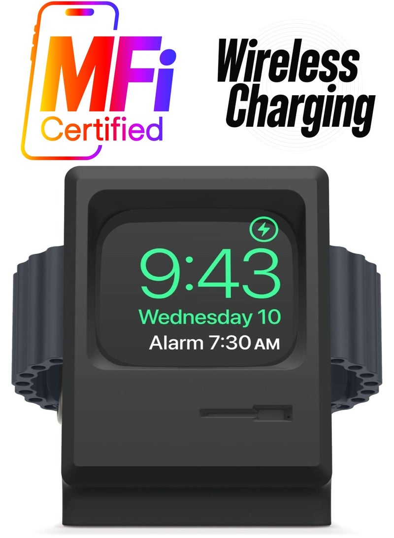 KASTWAVE حامل متوافق مع Apple Watch Ultra Series 8/7/6/5/4/3/2/1/SE 49 مم/45 مم/44 مم/42 مم تصميم شاشة كلاسيكي متوافق مع وضع Nightstand Computer Retro قاعدة شحن لاسلكية من السيليكون (أسود) - Image 1