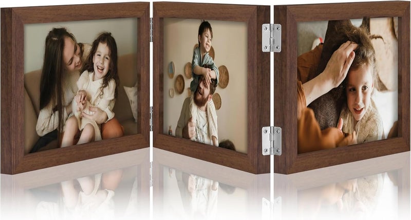 decorUhome Triple 7x5 Picture Frame Horizontal, Engineered Wood Trifold Photo Frame with Plexiglass for Tabletop Display, 7x5, Brown - Image 1