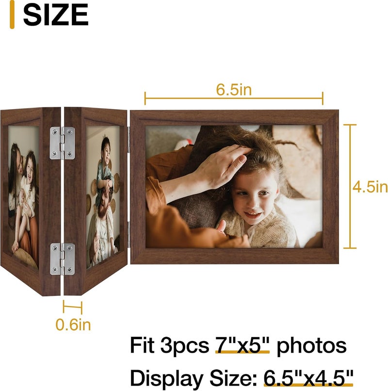 decorUhome Triple 7x5 Picture Frame Horizontal, Engineered Wood Trifold Photo Frame with Plexiglass for Tabletop Display, 7x5, Brown - Image 4