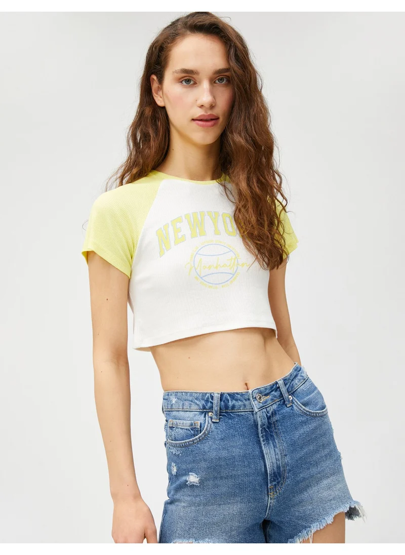 KOTON Crop T-Shirt Printed Short Sleeve Viscose