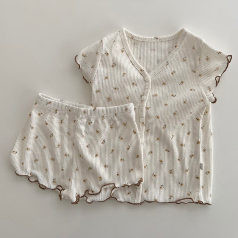Korean INS Soft Floral Ruffle Kids Pajama Set Yellow 