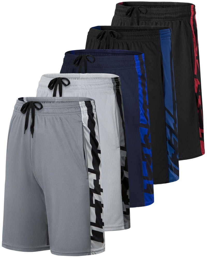 Real Essentials 5 Pack Mens 9 Mesh Shorts Athletic Gym Workout Basketball Running Casual Lounge Activewear Pockets Set 2S