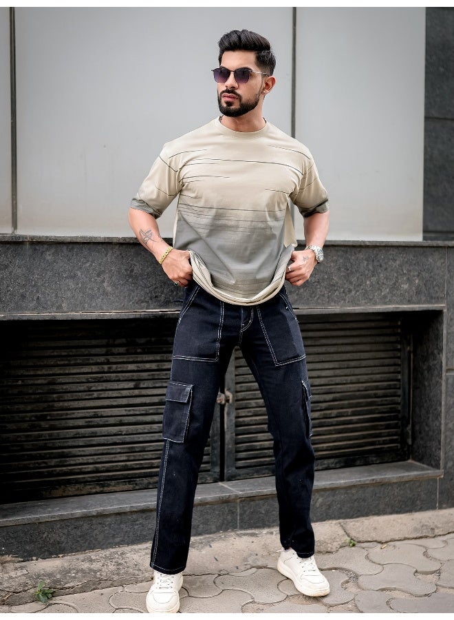 Maniac Mens Spray Print Round Neck 3/4th Sleeve Beige and Grey Cotton Oversized T-Shirt - Image 5