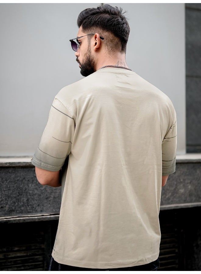 Maniac Mens Spray Print Round Neck 3/4th Sleeve Beige and Grey Cotton Oversized T-Shirt - Image 3
