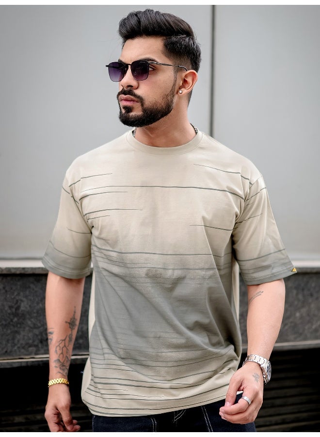 Maniac Mens Spray Print Round Neck 3/4th Sleeve Beige and Grey Cotton Oversized T-Shirt - Image 2