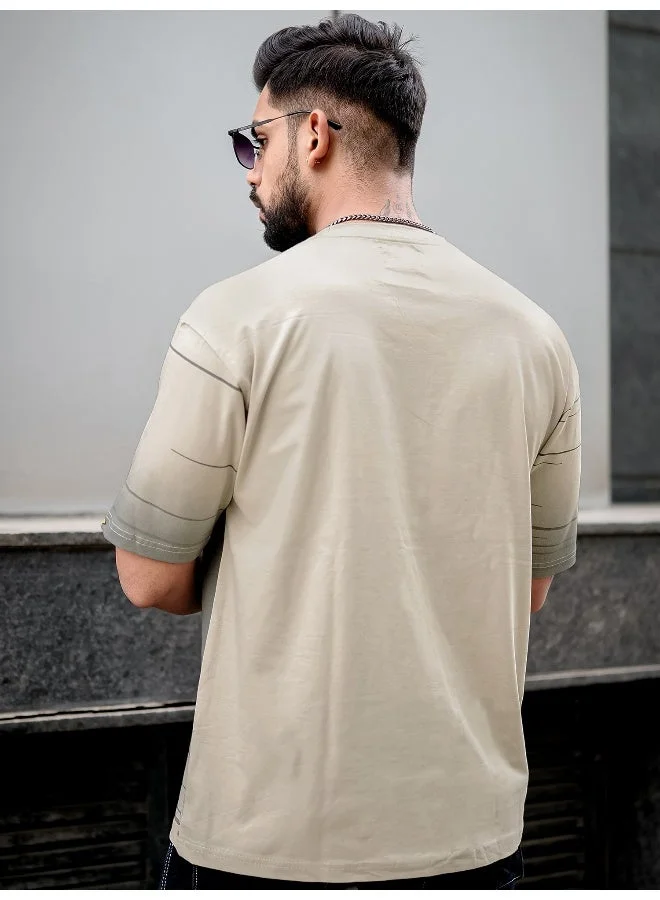 Maniac  Maniac Mens Spray Print Round Neck 3/4th Sleeve Beige and Grey Cotton Oversized T-Shirt for Men | Best Price UAE