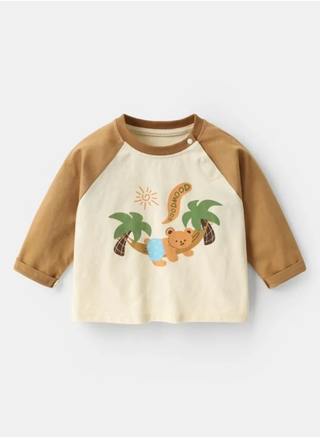 يونيكي Brown Printed Long Sleeve Crew Neck T-Shirt